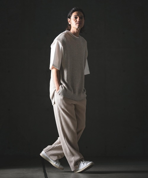 GLIMCLAP パンツ mp14554-Big Waffle Wide Straight Pants ワイド