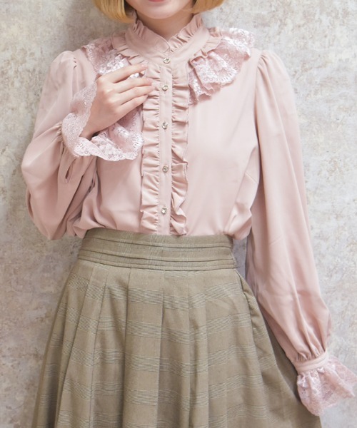 ♡axes femme ♡(トップス)と (フリル付き薄ピンクボタンブラウス) axes femme（アクシーズ ファム） ブラウス シャツ レースフリル