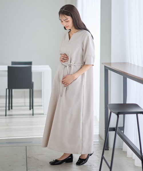 マタニティ 「UVカット」マタニティ 授乳ワンピース｜授乳口付き ウエストリボン ランタンスリーブ 産前産後対応の画像