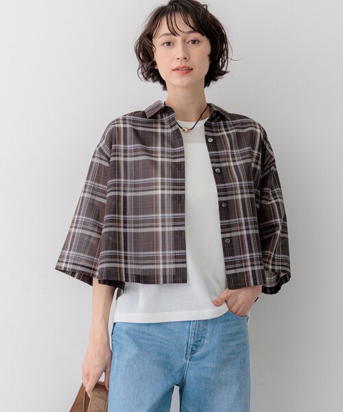 ブラウス シャツ ハイツイストシアーチェック クロップド シャツ レディースの画像