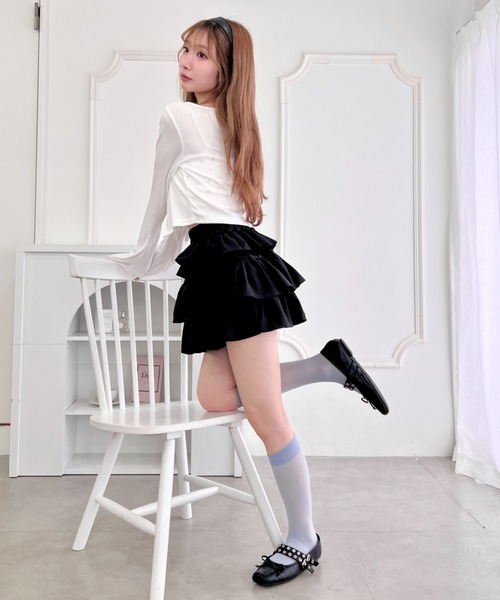 Loueme スカート 「チェック＆無地」ティアードフリルミニスカート
