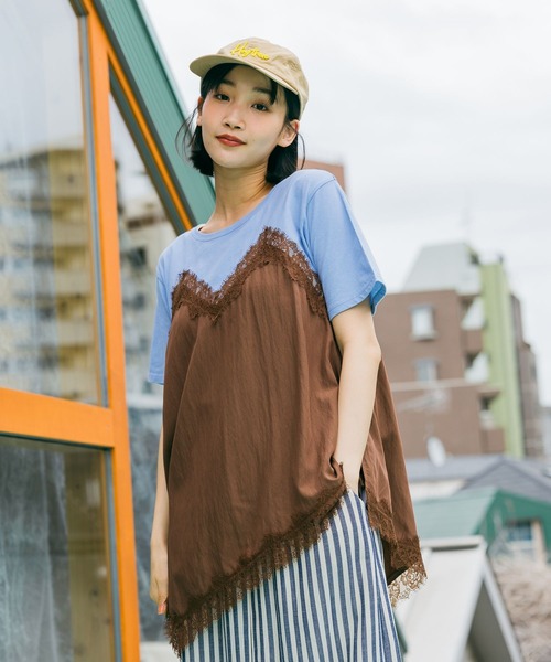 tシャツ トリムレースドッキングTシャツ レディースの画像