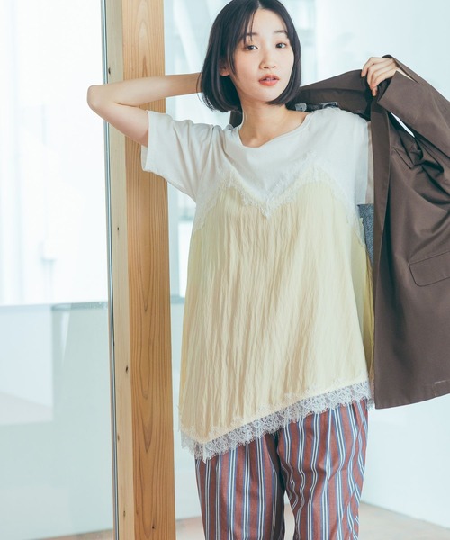 tシャツ トリムレースドッキングTシャツ レディースの画像