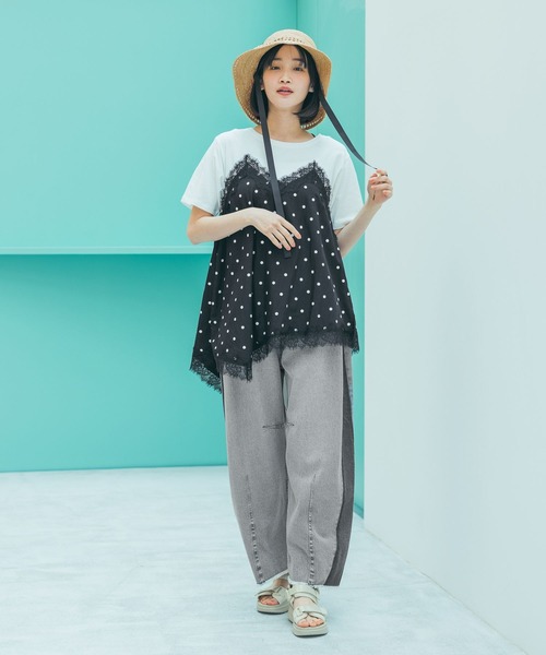 tシャツ トリムレースドッキングTシャツ レディースの画像