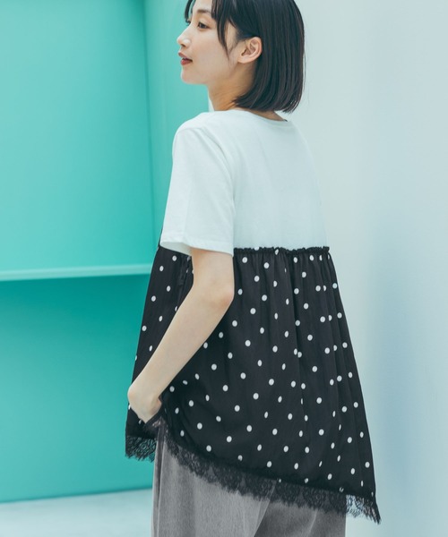 tシャツ トリムレースドッキングTシャツ レディースの画像