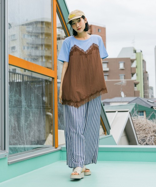 tシャツ トリムレースドッキングTシャツ レディースの画像