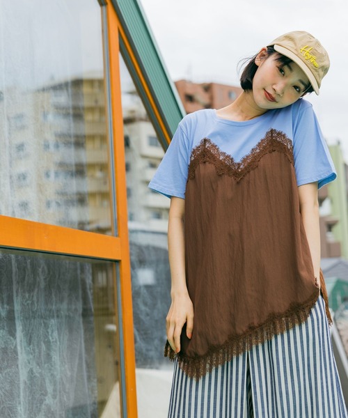 tシャツ トリムレースドッキングTシャツ レディースの画像