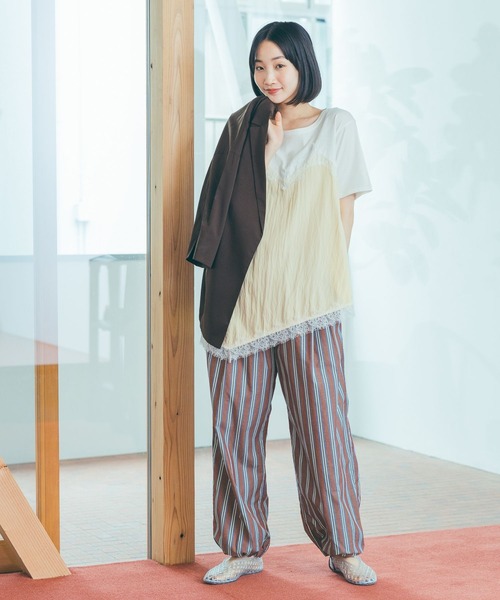 tシャツ トリムレースドッキングTシャツ レディースの画像