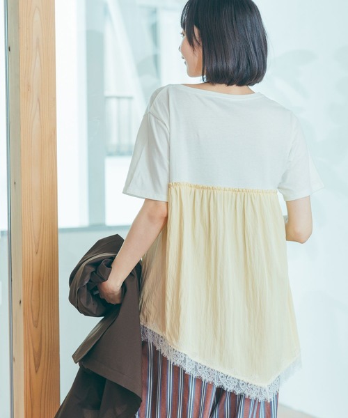 tシャツ トリムレースドッキングTシャツ レディースの画像