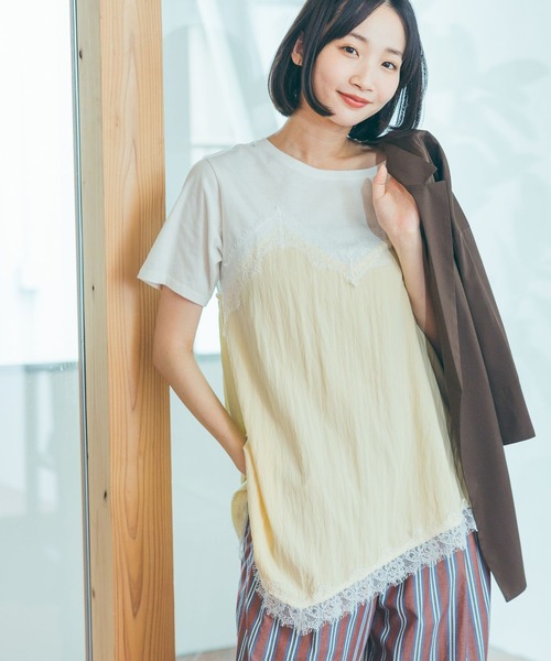 tシャツ トリムレースドッキングTシャツ レディースの画像