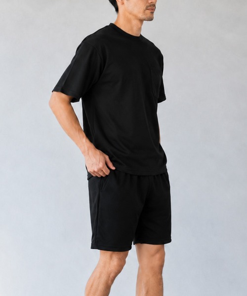 ブラック メッシュ Tシャツ セットアップ Karlas セットアップ メンズ上下セット 胸ポケット付半袖Tシャツ