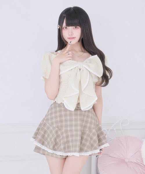 Pal elfy ブラウス シャツ 半袖 きらきらツイードリボントップス 