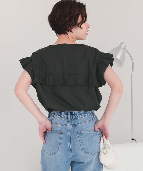 【BLACK】フリルカラー フレンチスリーブ ブラウス フリルカラー フレンチスリーブ ブラウス