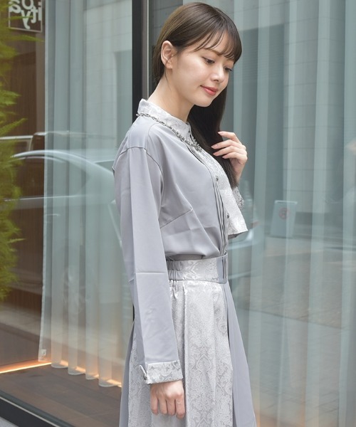 axes femme ブラウス シャツ ジャカード切替プリーツシャツ