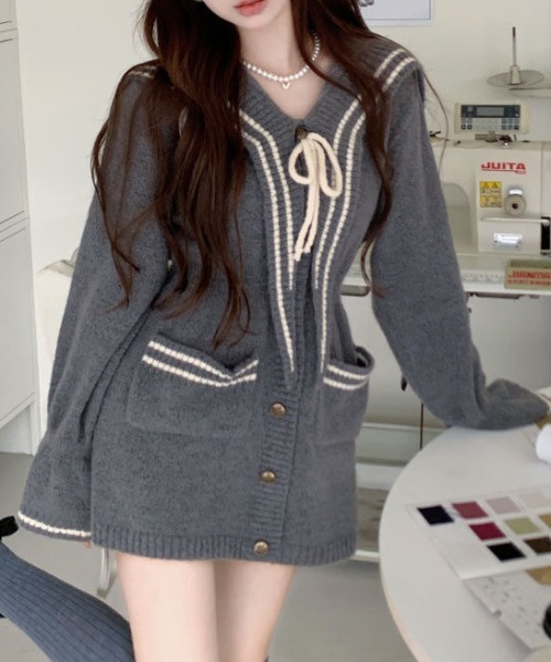 AsRiRe ワンピース セーラーカラー 配色ミニニットワンピース