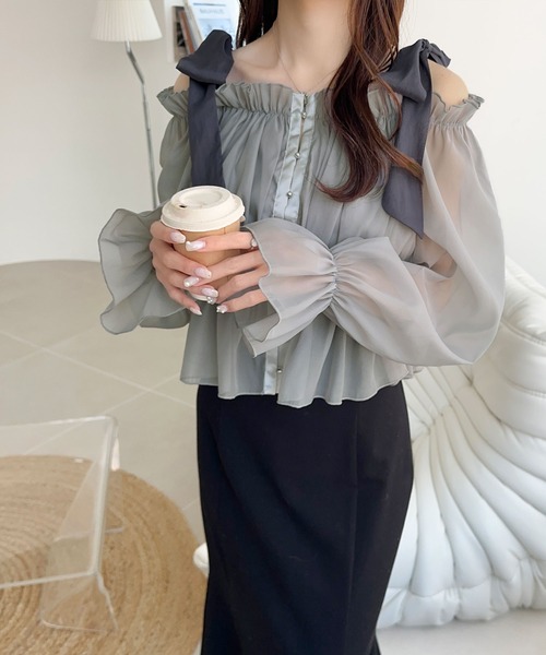 Milly - MILLY 袖リボン ショート丈 ブラウス トップス バイカラー オフショル mily bilet ブラウス シャツ 「mily bilet」“可愛い”しか着たく