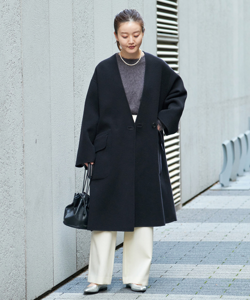 IENA（イエナ） ノーカラーコート 38 ネイビー レディース : ZOZOTOWN