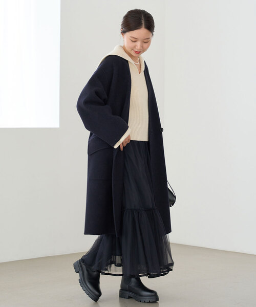 IENA（イエナ） ノーカラーコート 38 ネイビー レディース : ZOZOTOWN