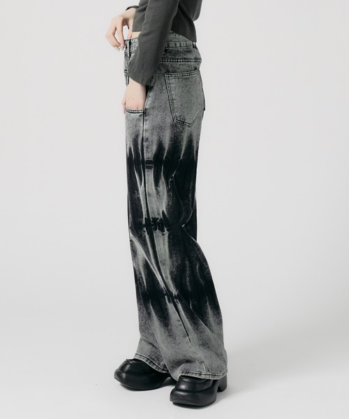 Chick ジーンズ ダブルウエストワイドデニムパンツ ブリーチ加工