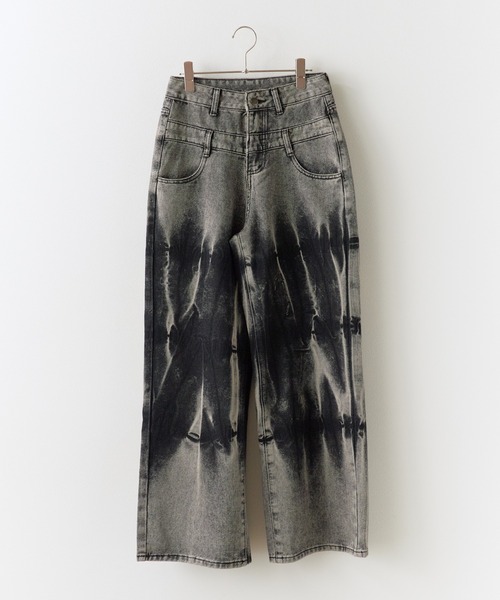Chick ジーンズ ダブルウエストワイドデニムパンツ ブリーチ加工