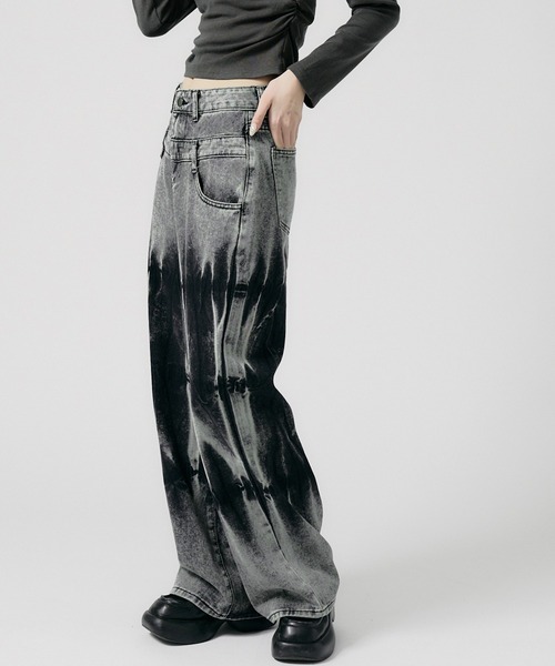 Chick ジーンズ ダブルウエストワイドデニムパンツ ブリーチ加工