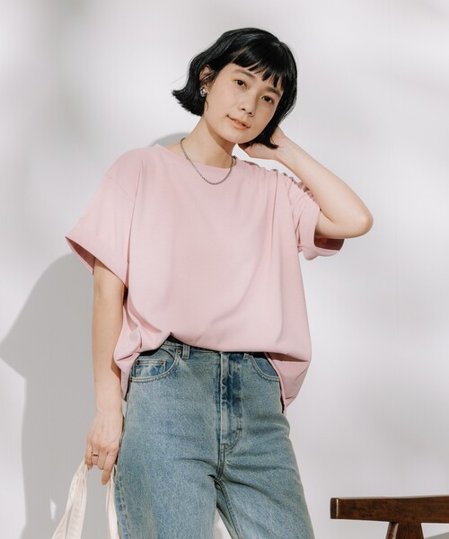 tシャツ 「接触冷感」ロールアップスリーブカットソー レディース セール】トリコット ロールアップ スリーブ カットソー -接触冷