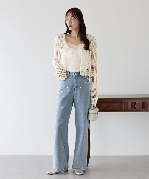 BLUEEAST カーディガン リボンメッシュニットカーディガン