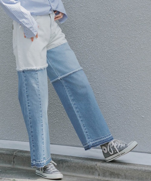 メンズ リメイクジーンズ Wrangler デニムレザーコンビワイドレッグ 