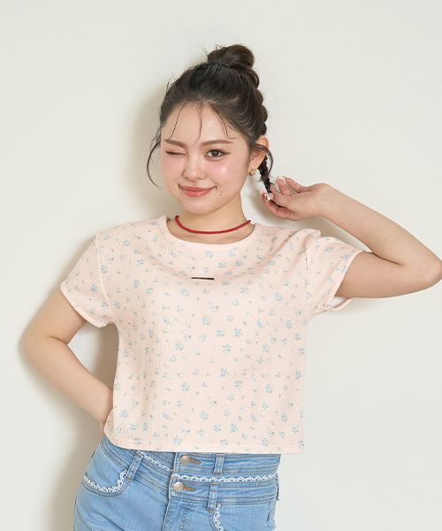 CRANK SEOUL 花柄 ワッフル 半袖 Tシャツ Miーje（ミジェ） tシャツ 半袖 小花柄ワッフル半袖Tシャツ「韓国