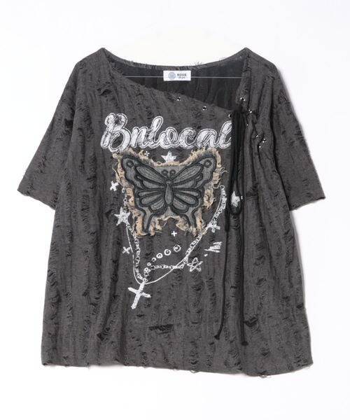 tシャツ ダメージバタフライTシャツ レディース Mayree tシャツ 「Mayree」バタフライ 蝶々 デニムパッチ