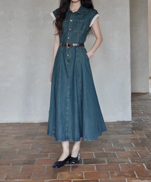 BLUE LABEL デニムワンピース 半袖 ベルト付き FAVORITO ワンピース 半袖 ベルト付き袖レース付きデニムワンピース