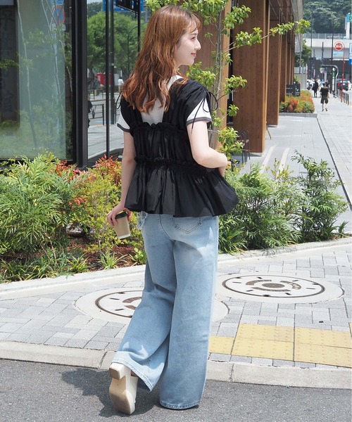 tiptop ブラウス シャツ リボン使いギャザーブラウス レディース
