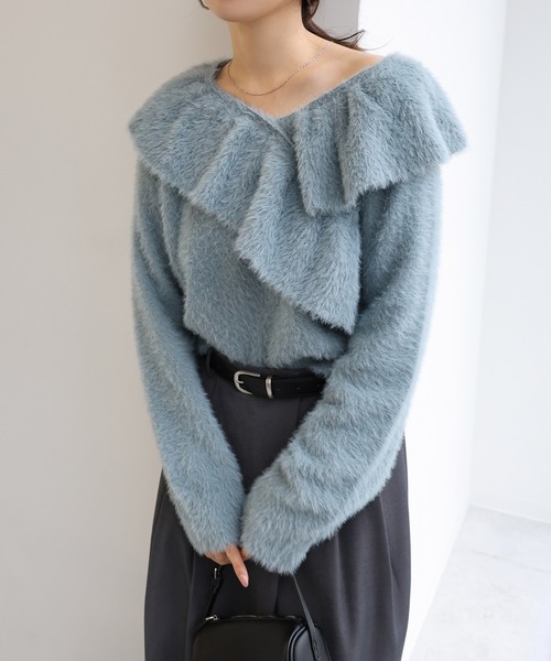 andme（アンドミー） ニット セーター シャギー起毛クロスフリルニット