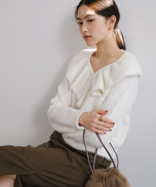andme（アンドミー） ニット セーター シャギー起毛クロスフリルニット