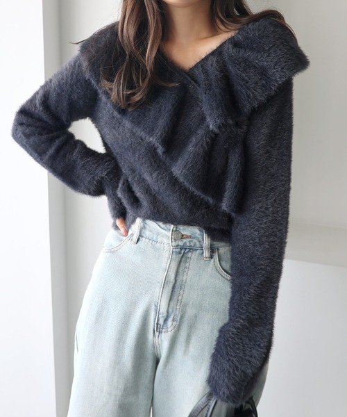 andme（アンドミー） ニット セーター シャギー起毛クロスフリルニット