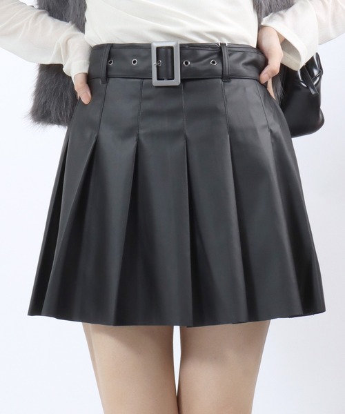 スカート フェイクレザー プリーツミニスカート/ベルト付/インパンツ