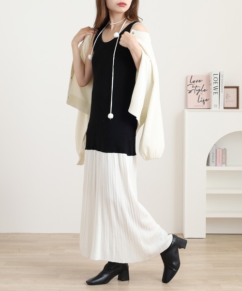 FUNALIVE ワンピース ニット切替プリーツ ノースリーブ ロング