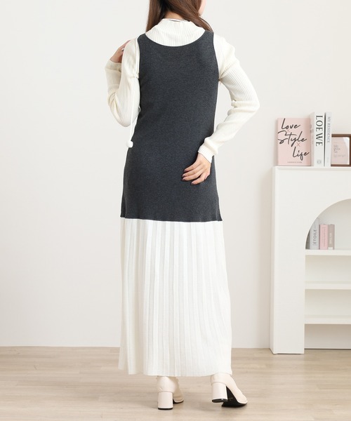 FUNALIVE ワンピース ニット切替プリーツ ノースリーブ ロング