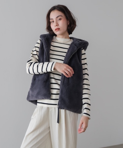 ROBEフェイクファー フード付きベスト ROBEフェイクファー フード付きベスト Amazon.co.jp: フェイクファー