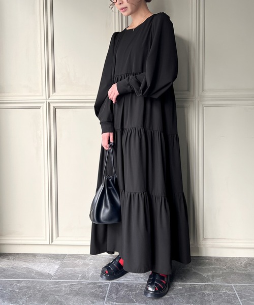 「JUNOAH」 長袖ワンピース LARGE ブラック レディース_画像4