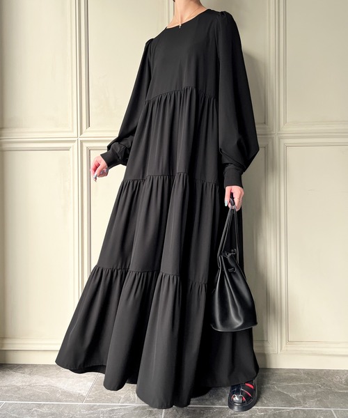 「JUNOAH」 長袖ワンピース LARGE ブラック レディース_画像5