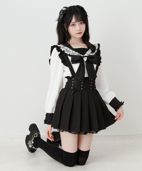 DearMyLove スカート サス付きフリルレースアッププリーツスカート 