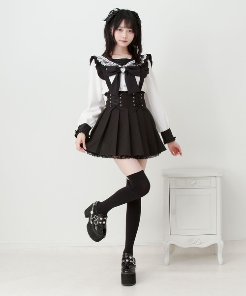 DearMyLove スカート サス付きフリルレースアッププリーツスカート