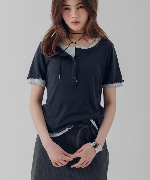 トップス layered design henry neck cutsew MUHET（ミュエータ） ヘンリーネック tシャツ 半袖 henry neck layered
