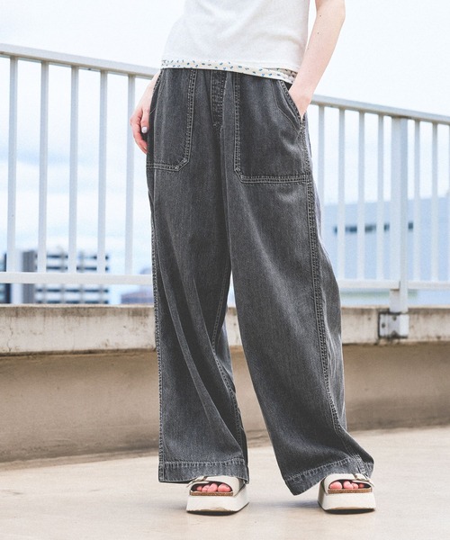 ワイドパンツ ジーンズ デニム デニムパンツ ライトオンスルーズデニムパンツ レディースの画像