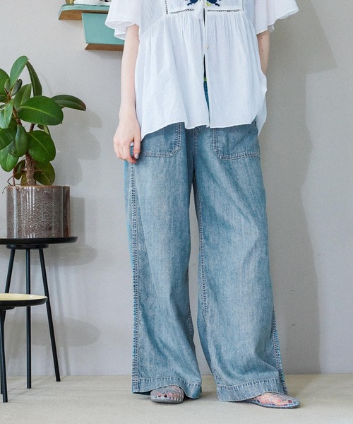 ワイドパンツ ジーンズ デニム デニムパンツ ライトオンスルーズデニムパンツ レディースの画像