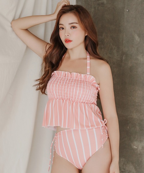 ■韓国■ ハイウェスト フリル タンキニ シャーリング 3色 3Size Lace Ladies 水着 シャーリングフリルペプラムベアトップ+ハイ