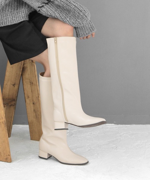 ブーツ スクエアトゥのストレートロングブーツ/ローヒール 疲れない レディース