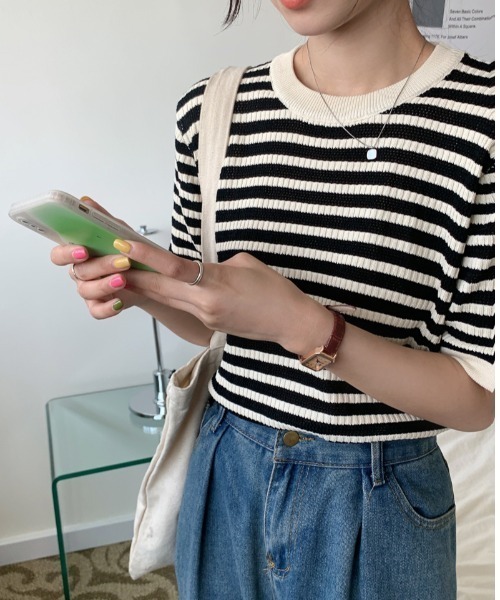 カシミアシルク・レディース半袖ニット（ボーダー） COO+i ニット セーター ボーダー半袖ニット レディース