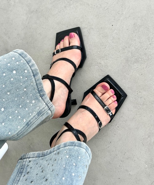 アンクルストラップ クロス ローヒールサンダル Loueme サンダル クロスアンクルストラップサンダル レディース
